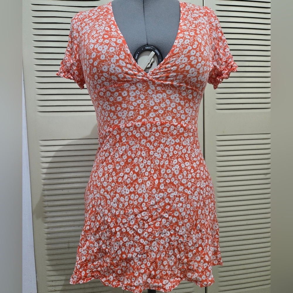 Valija Coral Mini Dress with White Floral Print